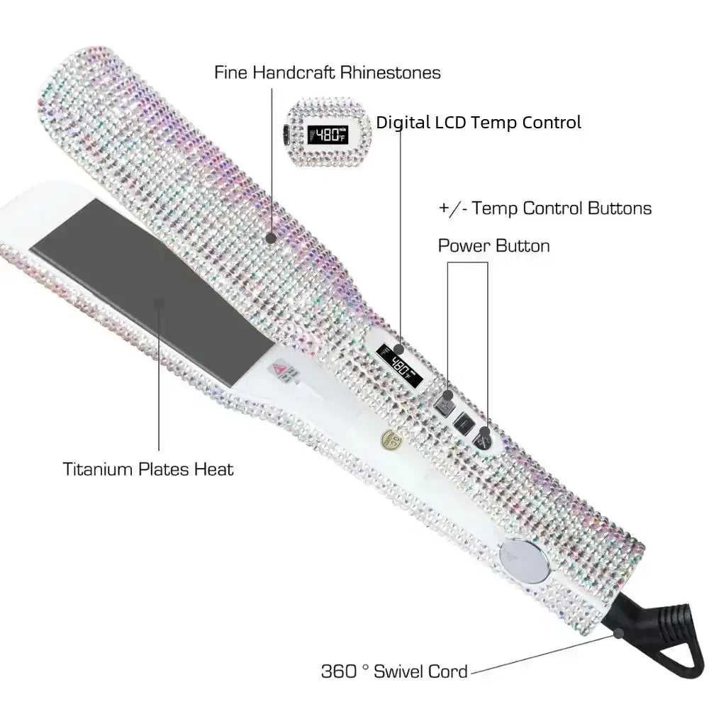 Rhinestone titanium flat iron by Simples Market with 2-inch plates and digital LCD display