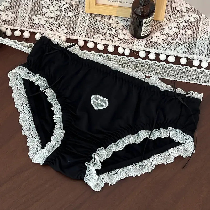 Plus size black lace panties with white lace trim and heart patch by Simples Market