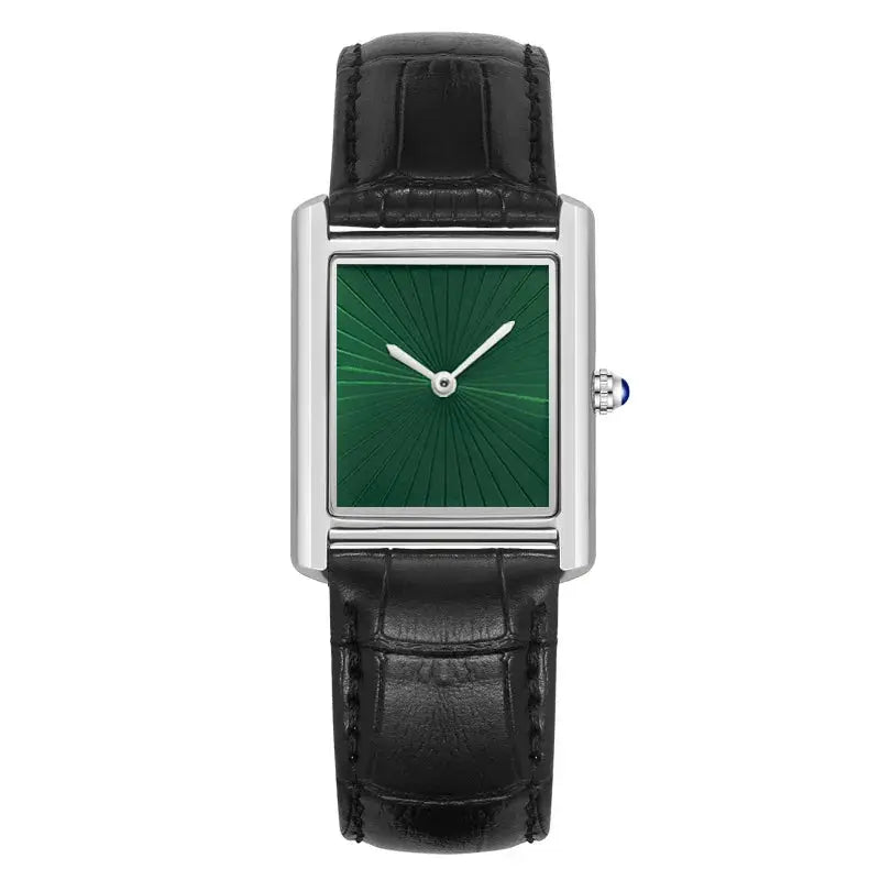 New Classic Square Watch by Simples Market; green dial, silver case, black leather strap