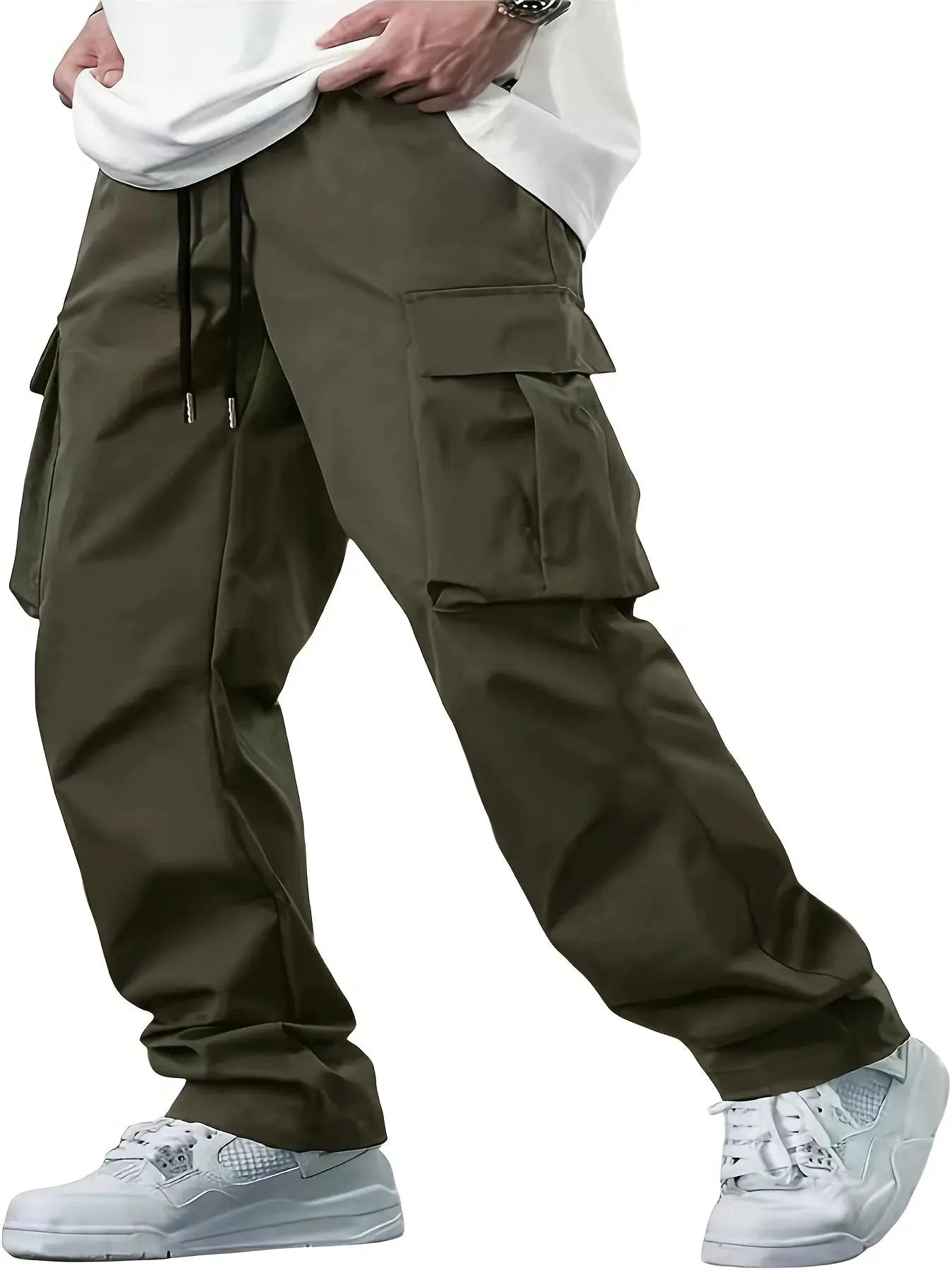 Simples Market men's cargo work pants, olive green with drawstring waist and multiple pockets
