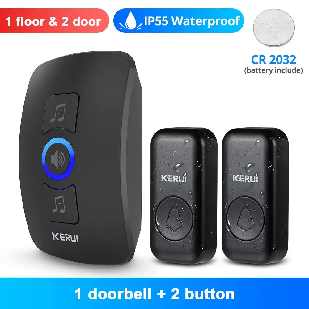 KERUI wireless doorbell kit IP55 waterproof outdoor chime with 2 buttons, black