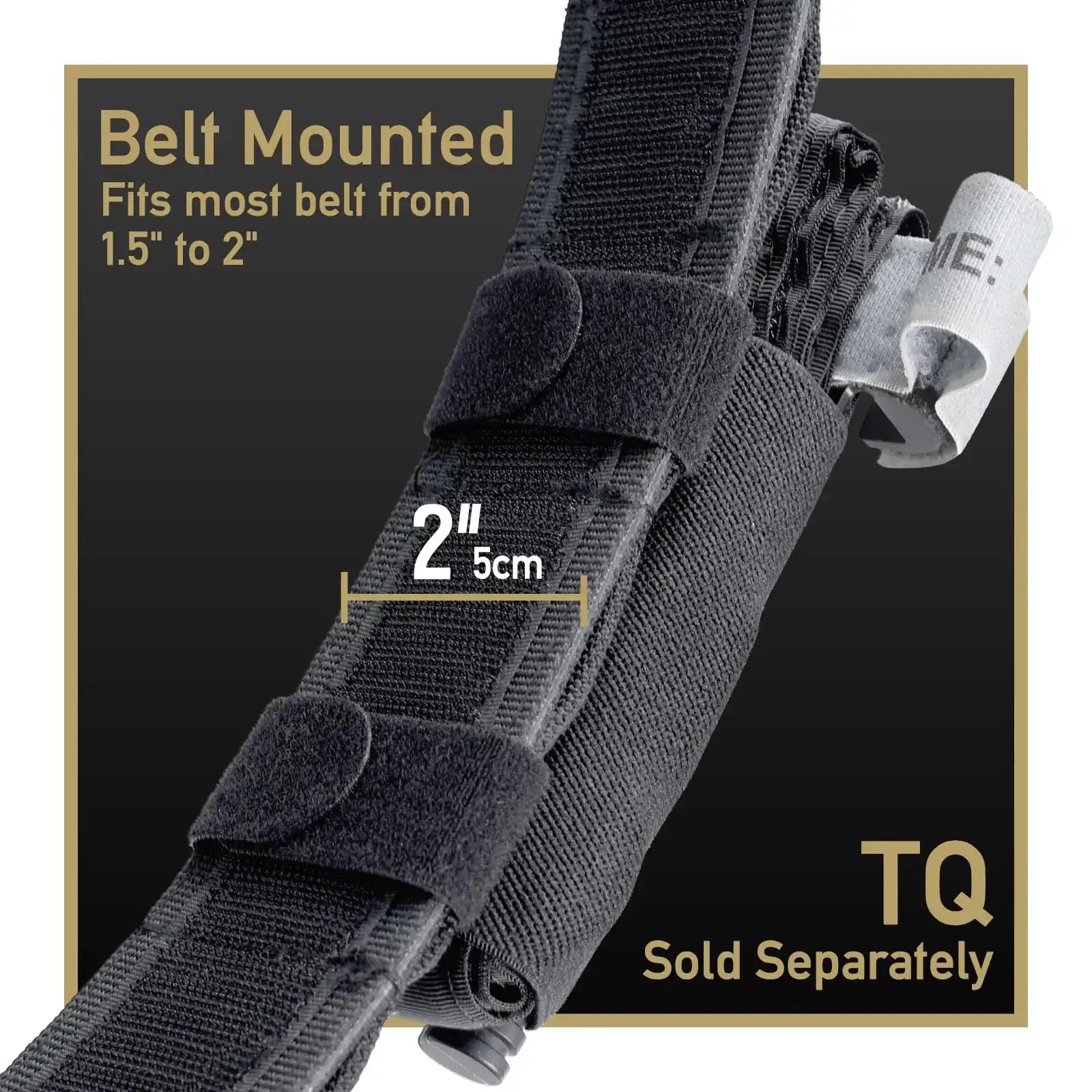 Elastic tourniquet holder on black nylon tactical belt with Velcro retention; fits 1.5–2" belts.