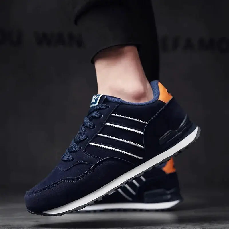 Artificial leather men's casual sneakers in navy with orange heel accent, lace-up, Simples Market