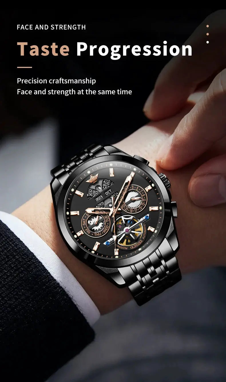 OUPINKE 3251 men's skeleton automatic watch, black stainless steel bracelet, visible gears, water resistant