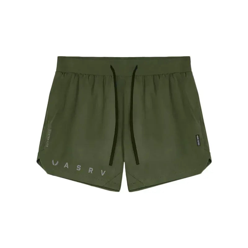 ASRV men's olive green quick-dry basketball shorts with black drawstring