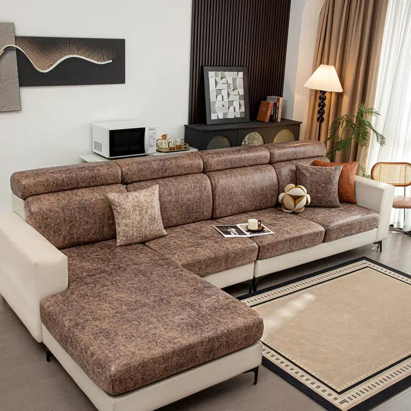 Stretch elastic sofa cover for L-shaped sectional in brown textured fabric by Simples Market.