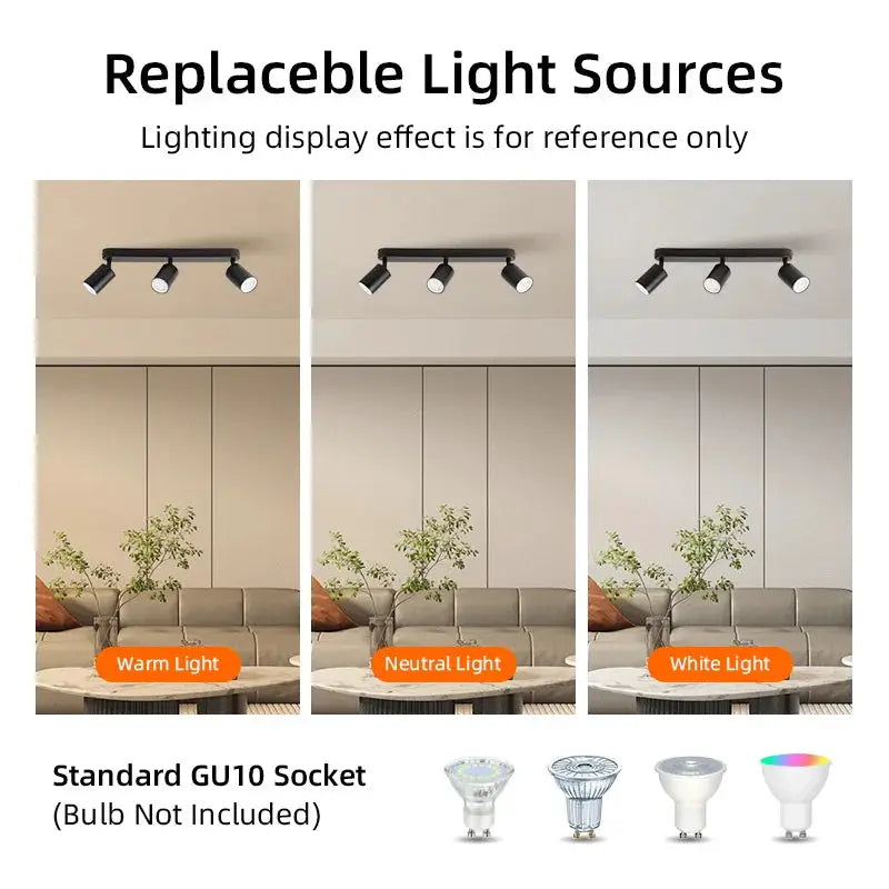 Modern GU10 LED Spotlight ceiling light by Simples Market, black adjustable track fixture with three lighting options.