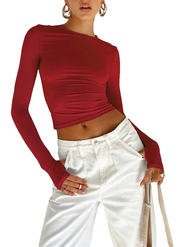 Women's Long Sleeve Crew Neck Crop Top With Thumb Holes Slim Fit Streetwear Daily Summer Camis