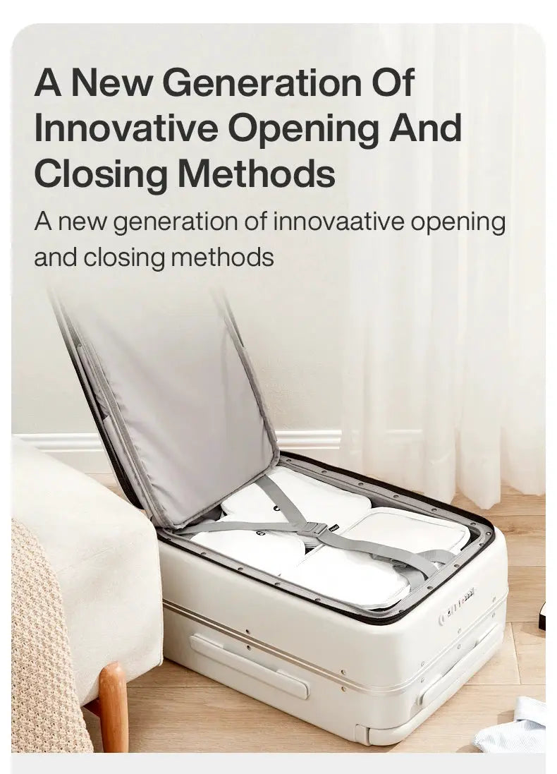 20-inch white carry-on suitcase with aluminum frame, open to show interior with gray straps