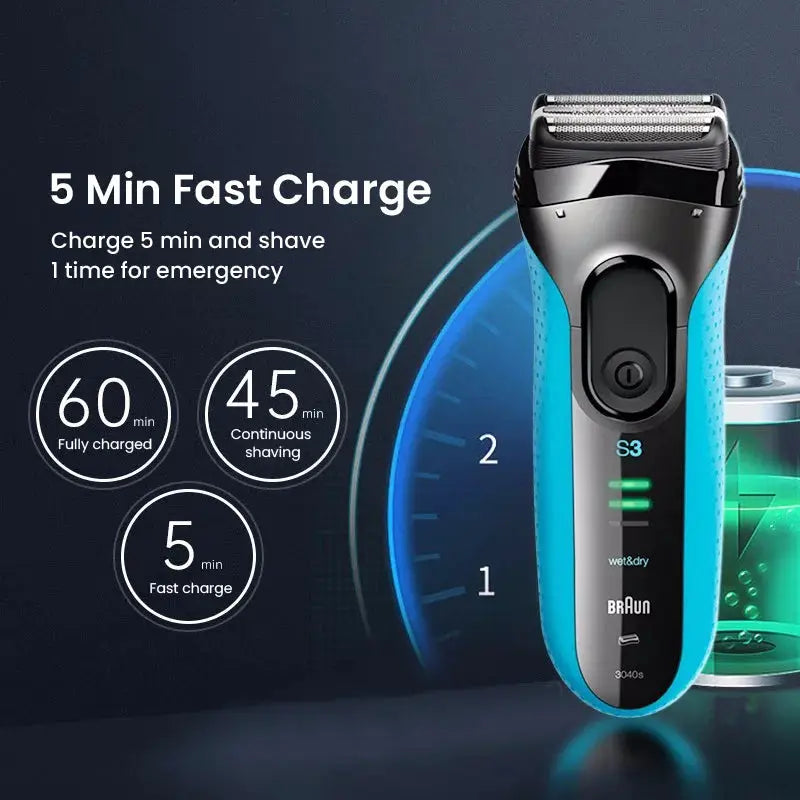 Braun Electric Shaver 3 Series ProSkin 3040S blue and black with trimmer
