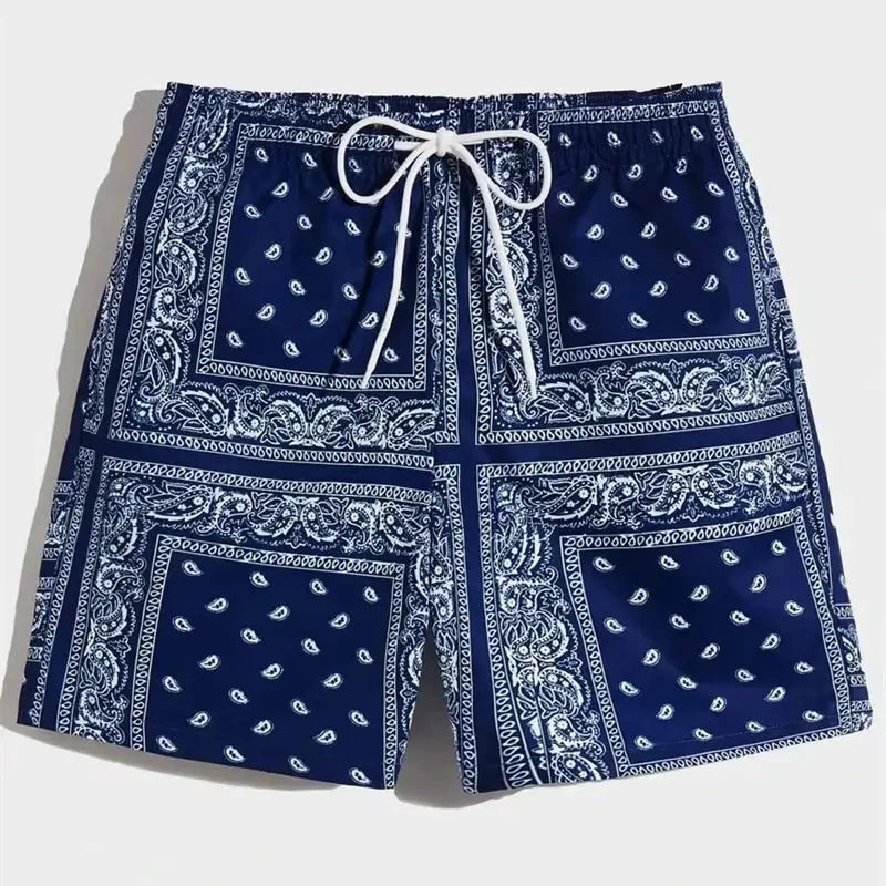 Trend bandana graphic men's swim trunks, navy blue with white drawstring and paisley print