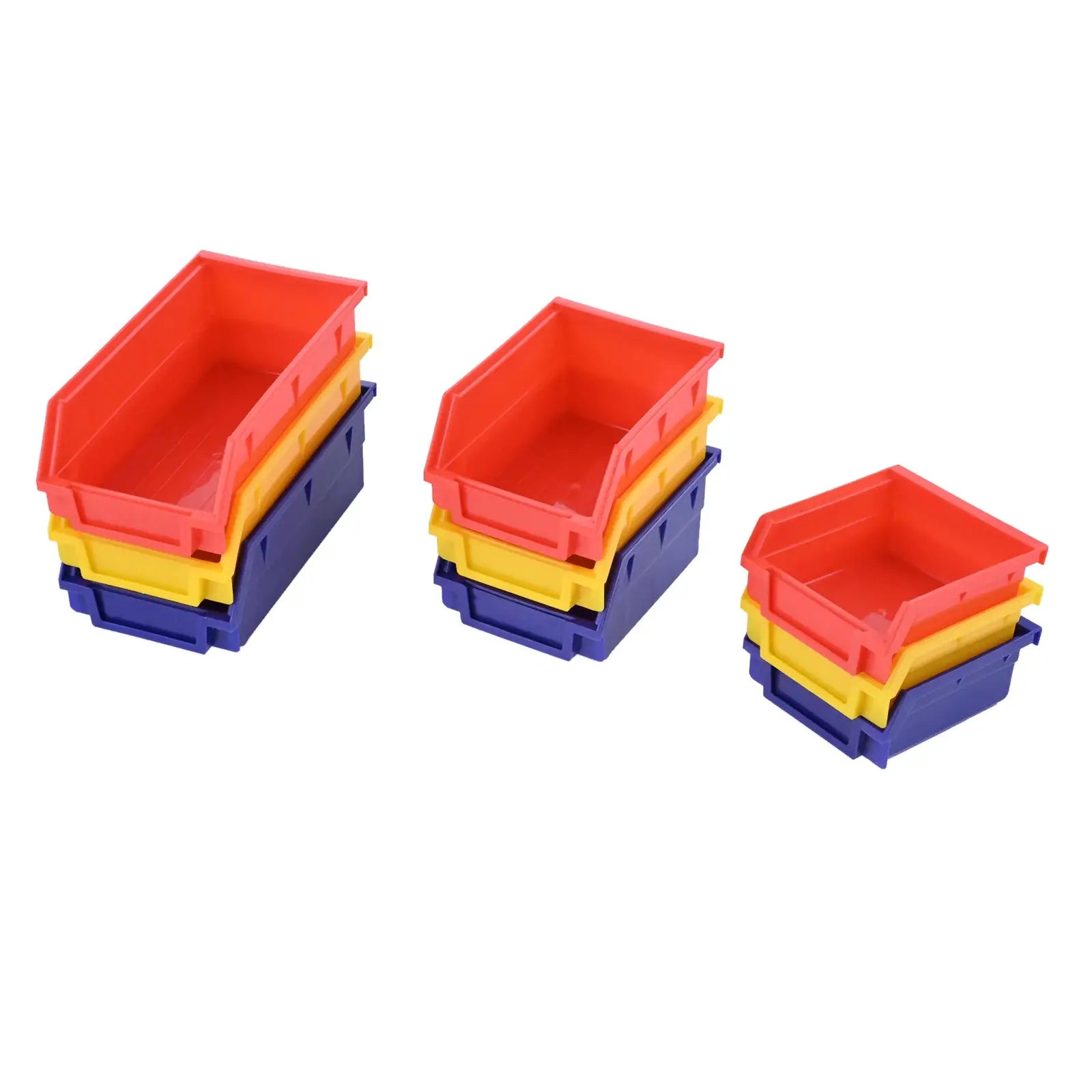 Stackable ABS storage bins set of 3 in red, yellow, and blue for garage organization