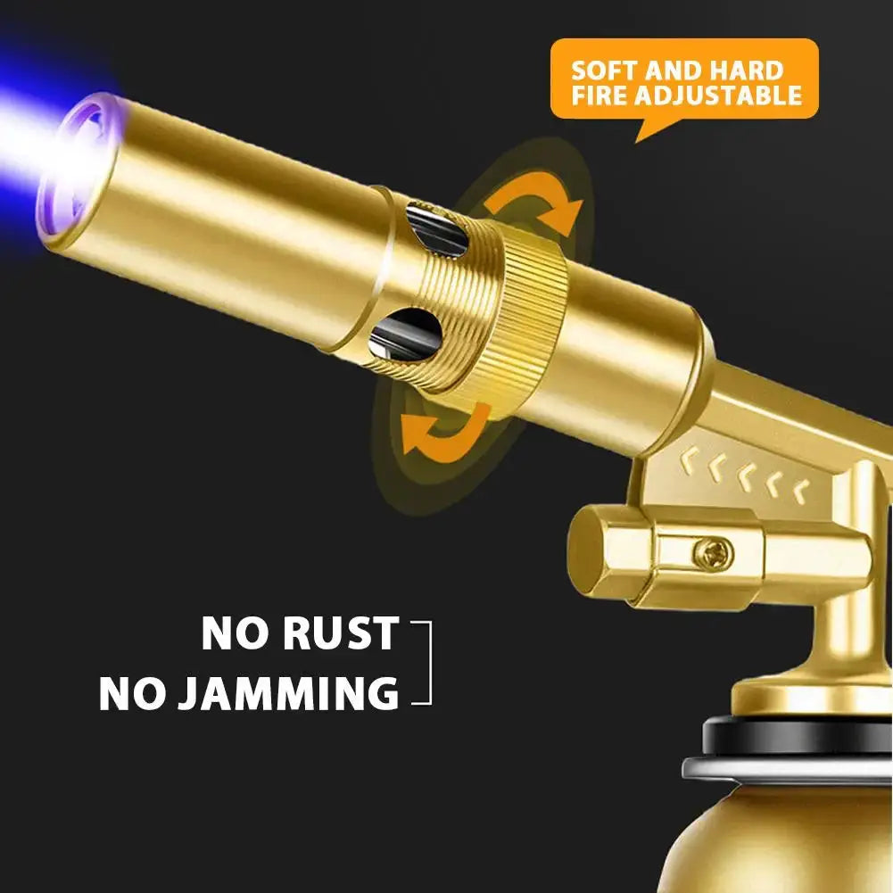 Outdoor welding gas torch by Simples Market, gold finish with adjustable flame and blue ignition glow
