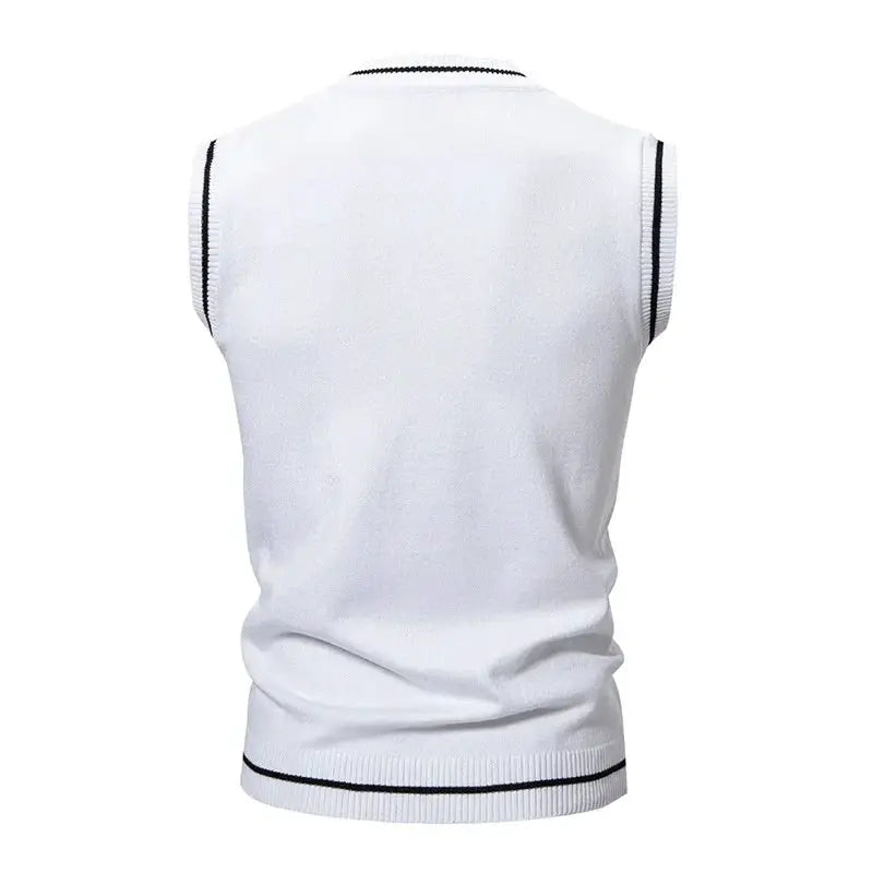 White knitted sleeveless vest for men with black trim, slim fit casual streetwear