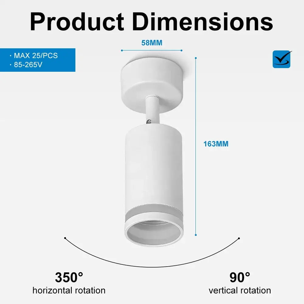 LED ceiling spotlight lamp in white cylindrical pendant with adjustable rotation (350° horizontal, 90° vertical)
