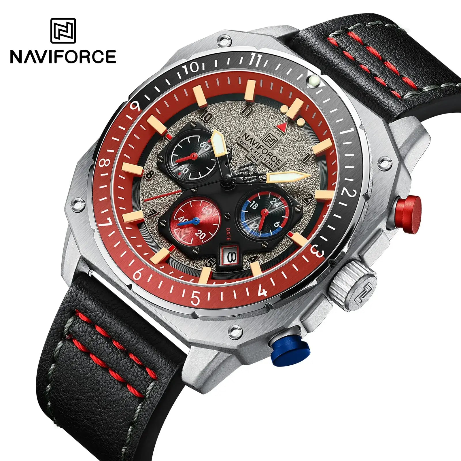Naviforce men's sports waterproof chronograph watch with red dial, three subdials, red-stitched black leather strap