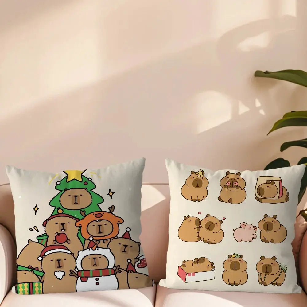 Simples Market Capybara cartoon pillow cases, pair of white square cushions with cute capybara designs