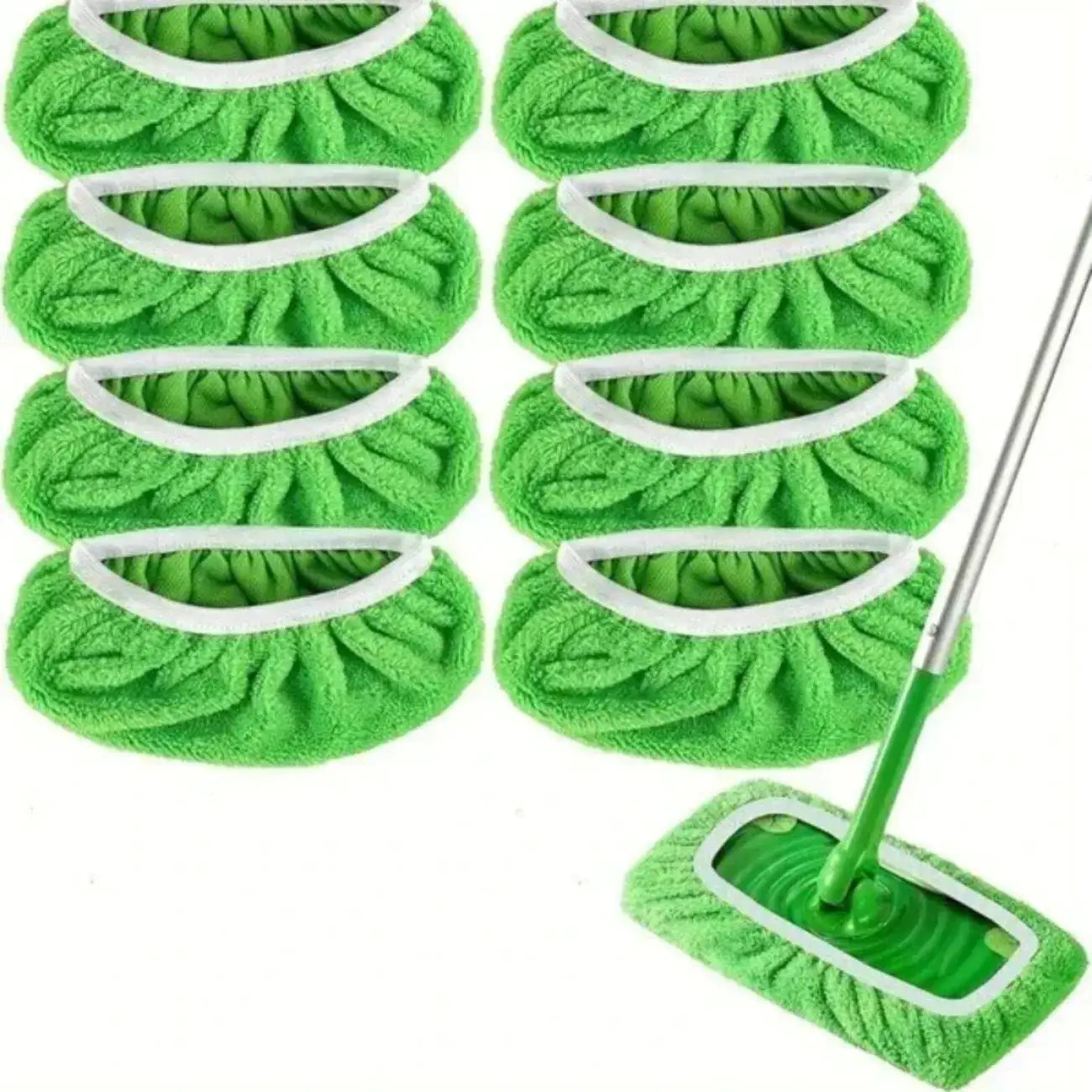 Flat mop pads, six-pack of green microfiber with white trim for dusting and wet mopping