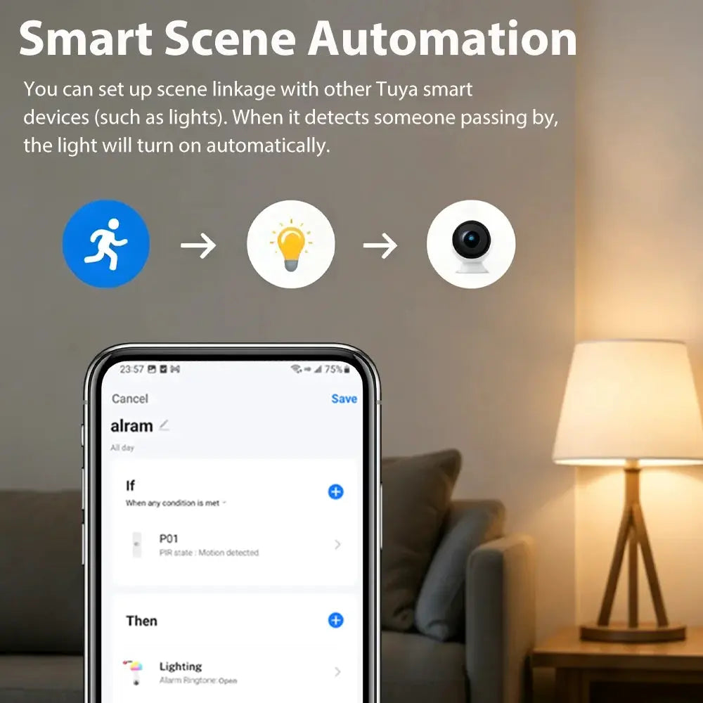 Tuya WiFi Zigbee PIR Motion Sensor by Simples Market; home safety automation shown with phone app scene setup