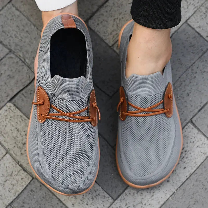 Simples Market barefoot knit shoes, grey breathable casual sneakers with brown leather lace accents, pair