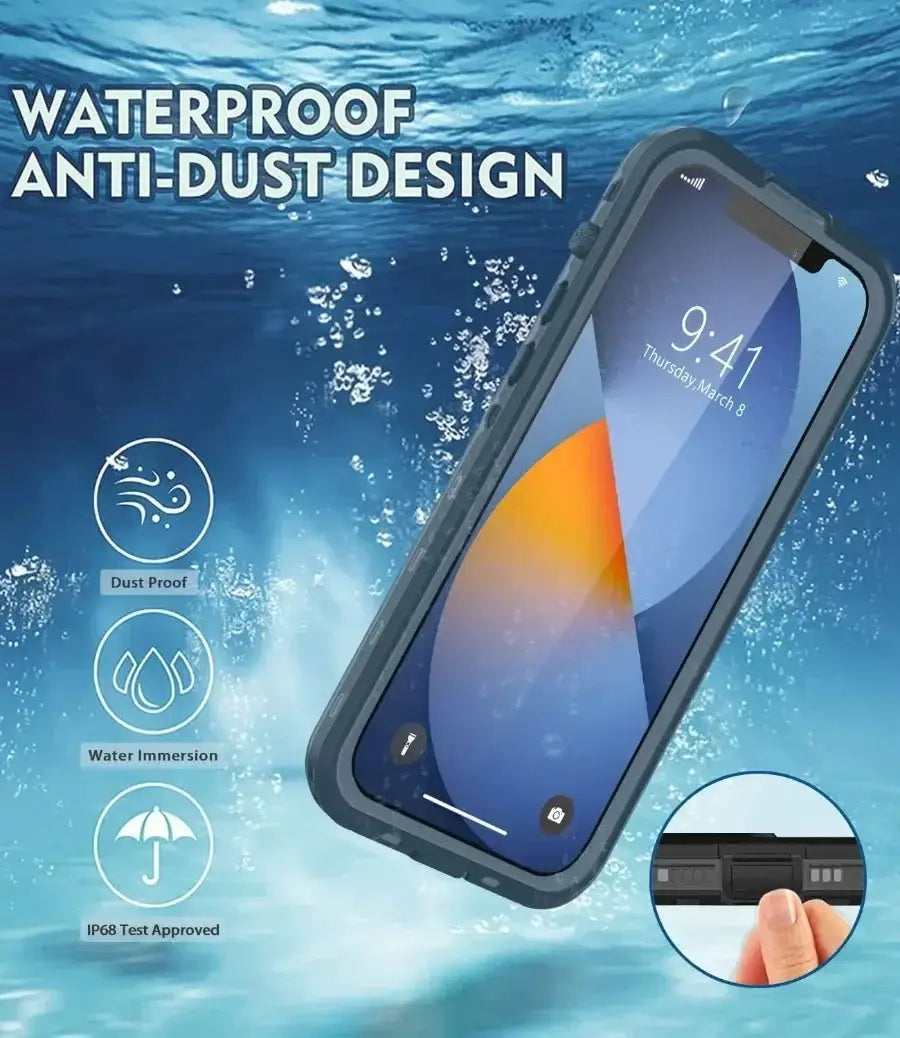Simples Market fully sealed clear IP68 waterproof iPhone case, shockproof with screen protector.