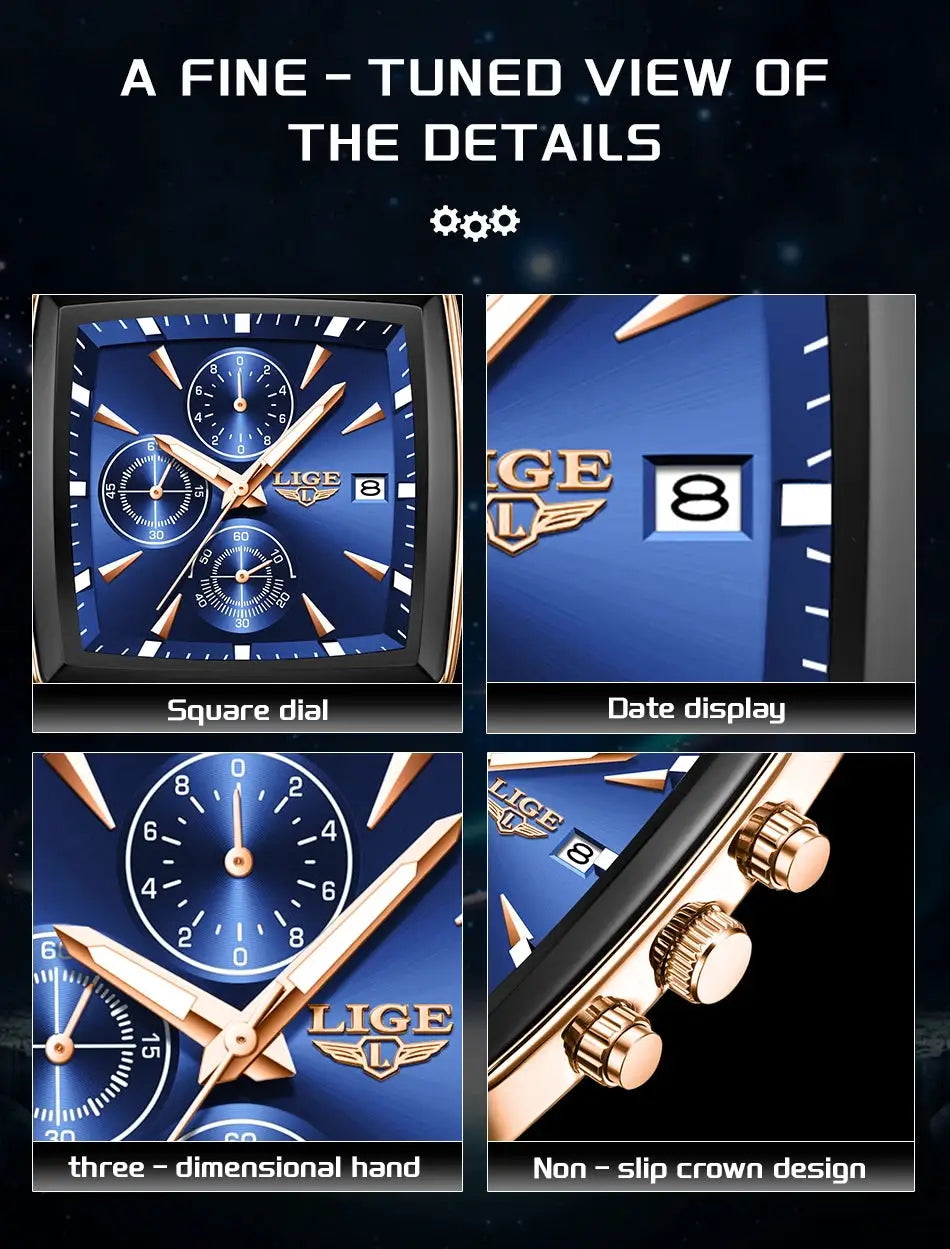 LIGE blue square-dial men's stainless steel watch with date display and waterproof quartz