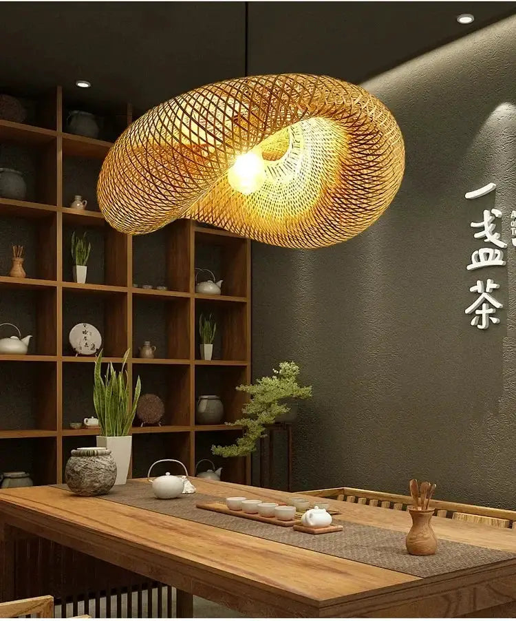 Bamboo weaving LED pendant light, handmade vintage chandelier in natural brown tones for dining room