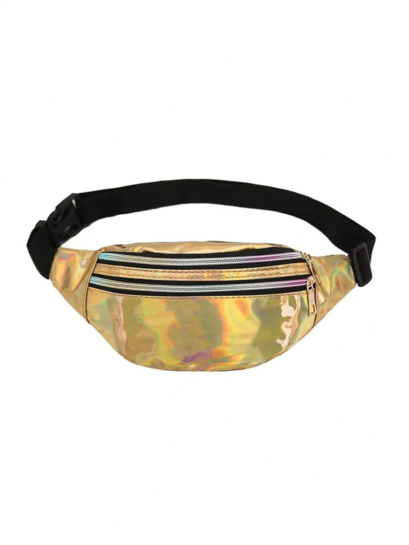 Holographic waist bag with black adjustable strap and multiple zipper pockets