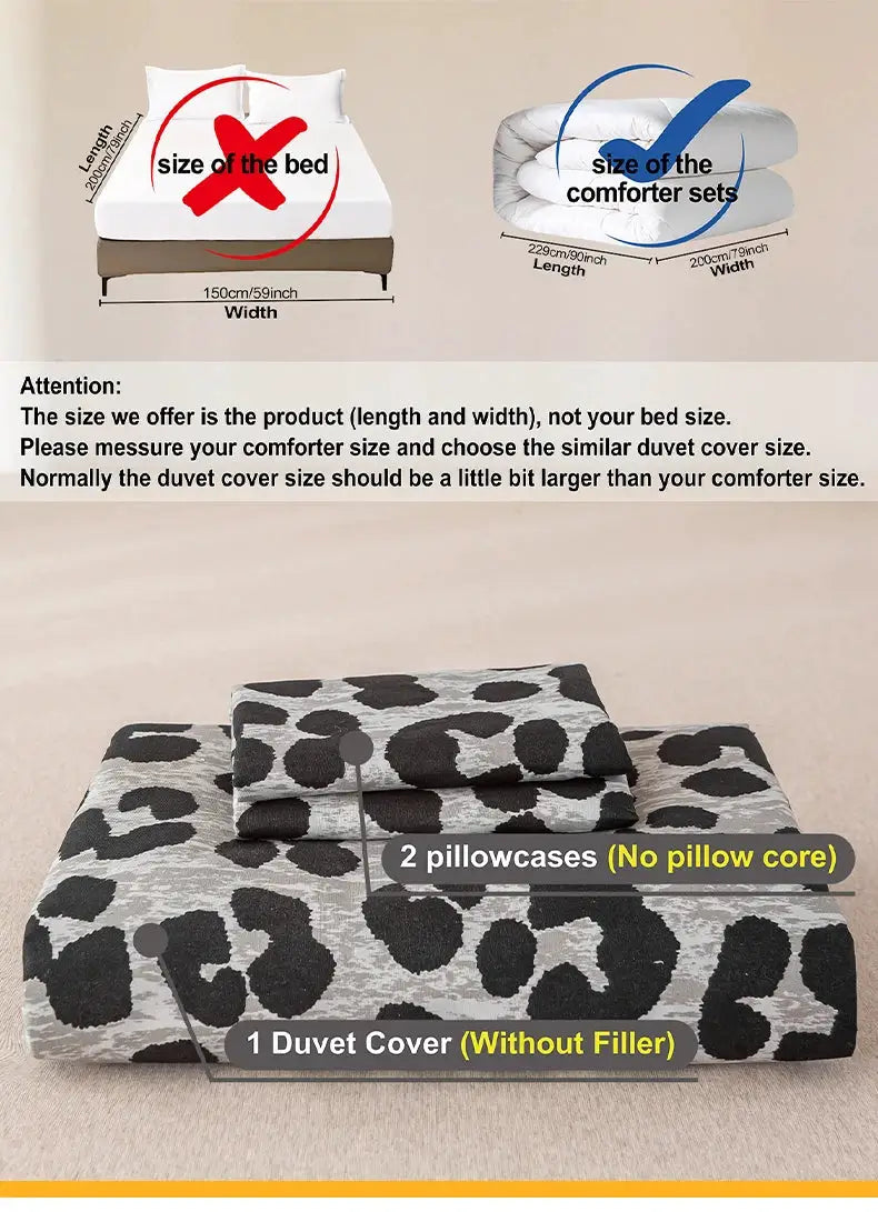 Leopard print duvet cover set (3pc) by Simples Market; includes 1 duvet cover and 2 pillowcases; soft skin-friendly fabric.