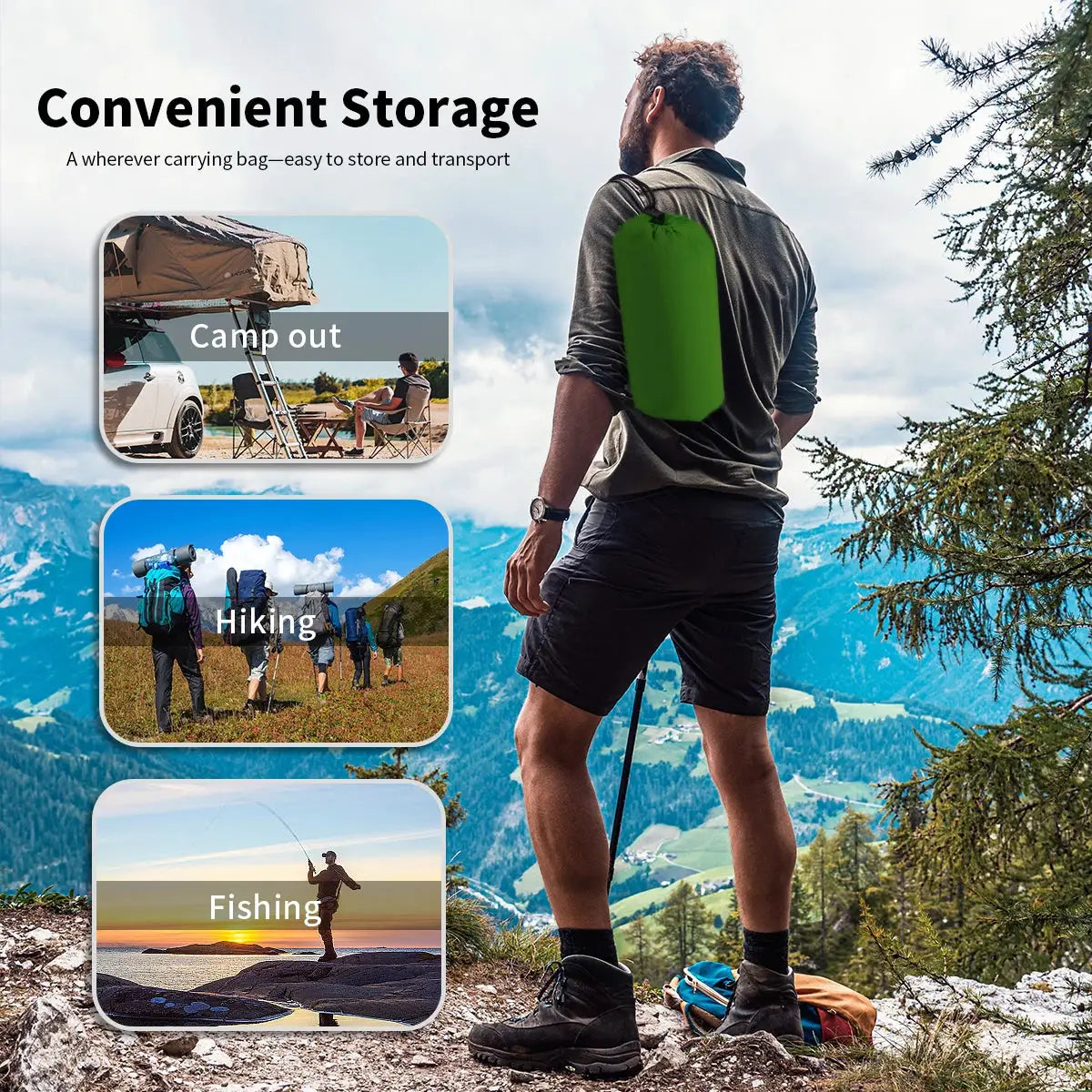 Inflatable sleeping pad in bright green carried by a hiker against mountain scenery