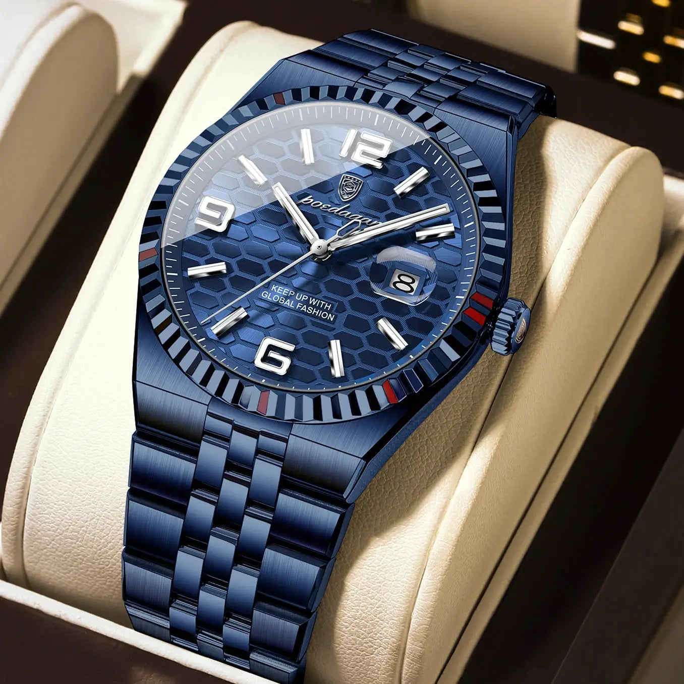 POEDAGAR blue stainless steel men's watch with date window and luminous hands, boxed