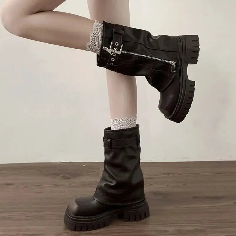 NovaPulse Winter Women Biker Boots With Belt Buckle And Platform Sole For Trendy Casual Style