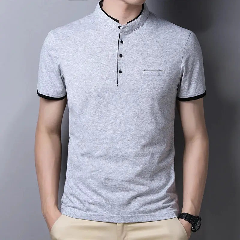 Men's gray short-sleeve T-shirt with stand-up collar, black trim, and chest pocket.