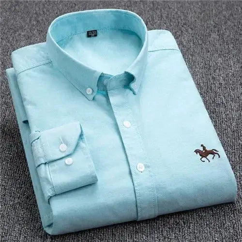 Casual Simples Market light turquoise cotton Oxford shirt with button-down collar and horse embroidery