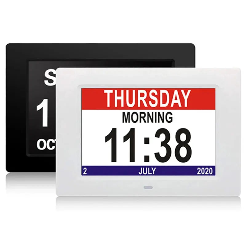 Two Simples Market 12-Alarm LED calendar clocks with multilingual display and medicine reminder, white and black frames.