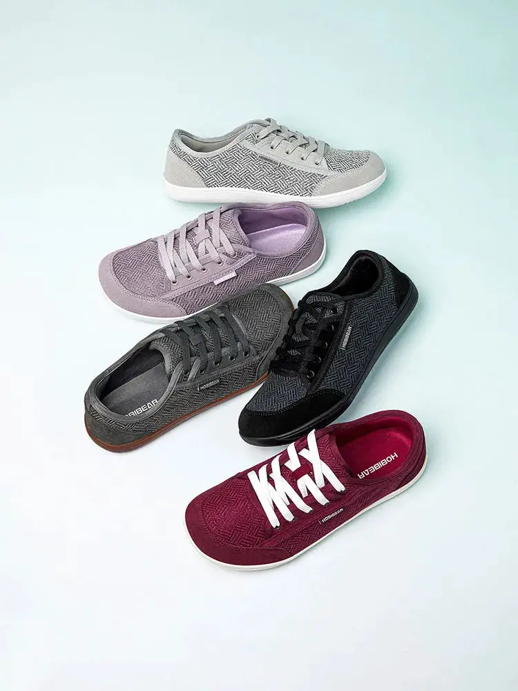 HOBIBEAR barefoot shoes set: five minimalist lace-up sneakers in gray, lilac, charcoal, black, and burgundy.