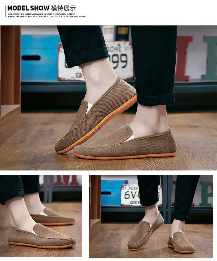 Men's brown fabric loafers slip-on driving shoes with orange sole by Simples Market