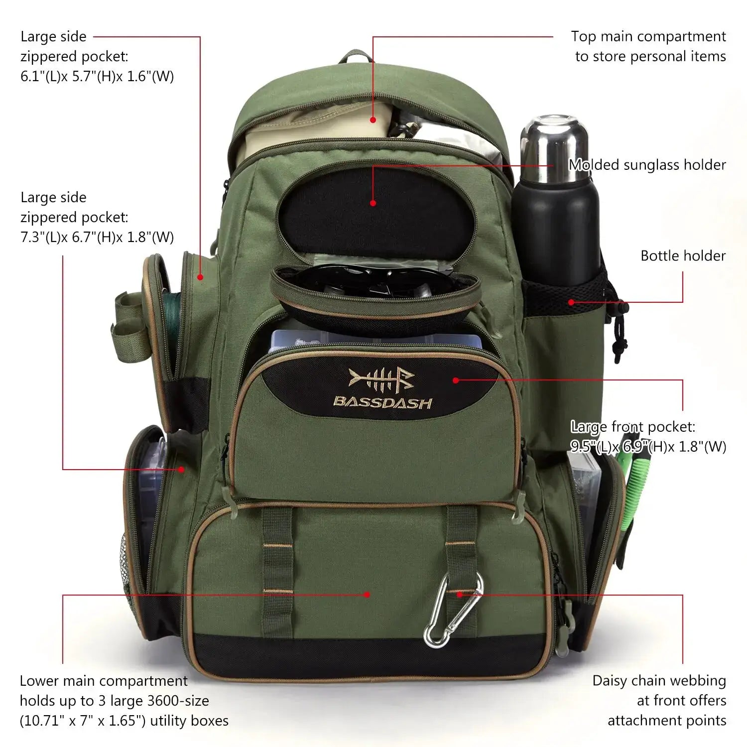 Bassdash Fishing Tackle Backpack Lightweight Tactical Bag With Smart Compartments And Ergonomic Support