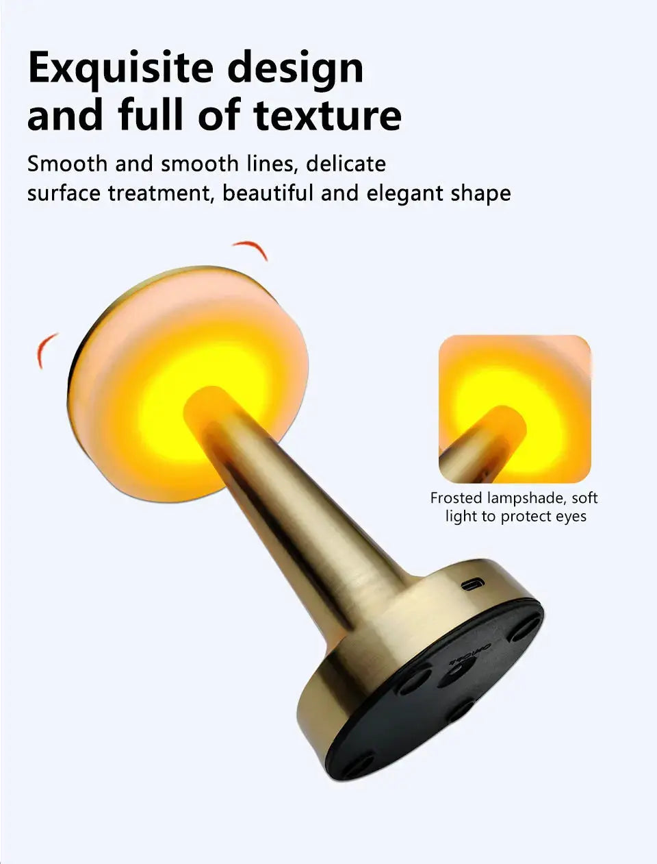 LED table light, metal touch desk lamp in brass finish with frosted shade and rechargeable night light