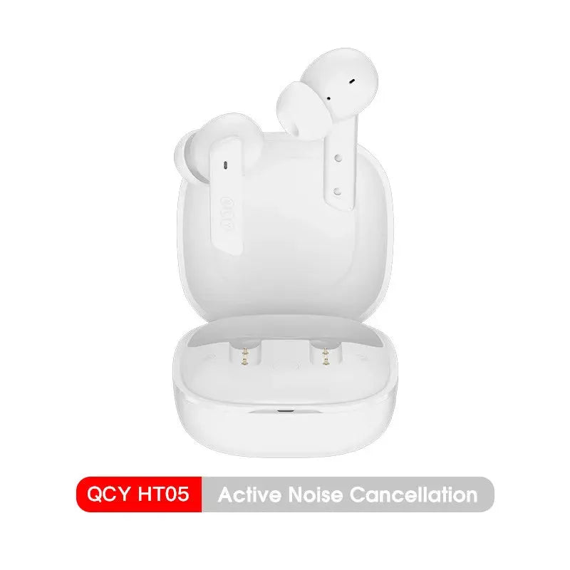QCY HT05 ANC wireless earbuds in white with charging case, 2 earbuds, Active Noise Cancellation