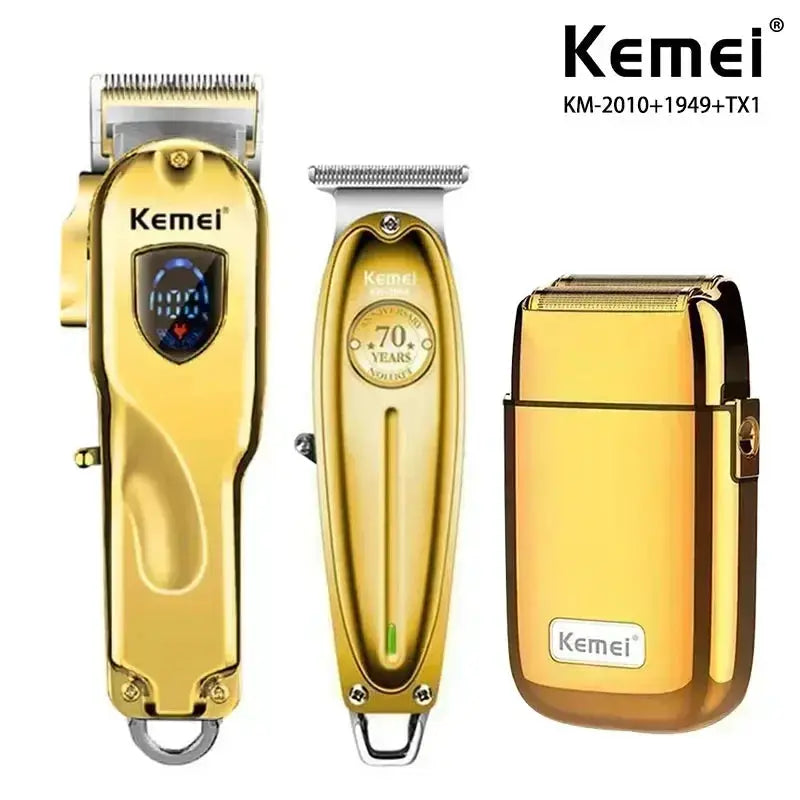 Kemei gold metal body hair clipper set with 3 electric trimmers and charging stand