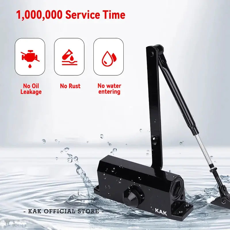 KAK hydraulic door closer with adjustable speed, black metal body and silver arm for 25–80 kg doors