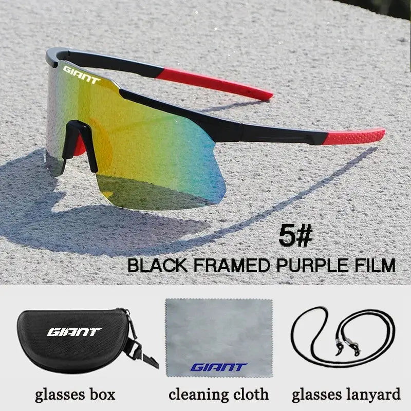 Giant cycling sunglasses with black TR90 frame and purple mirrored lenses; includes case, cleaning cloth, lanyard
