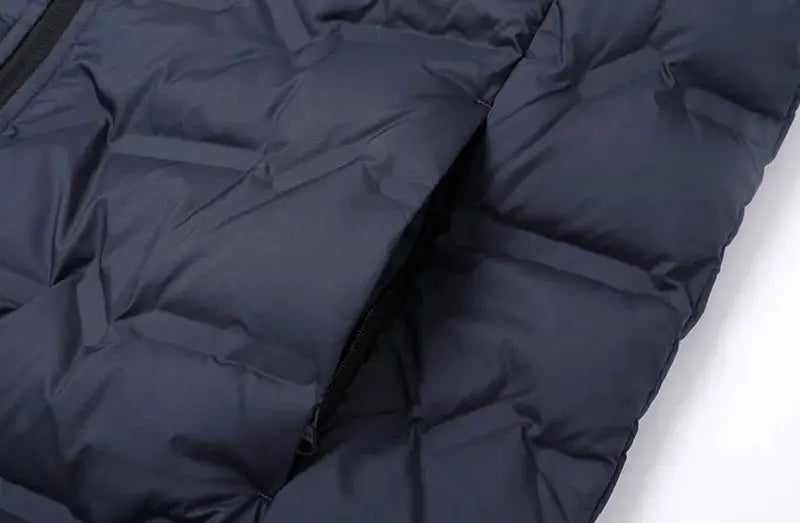 Men's navy blue Simples Market duck-down puffer jacket with hood and zip