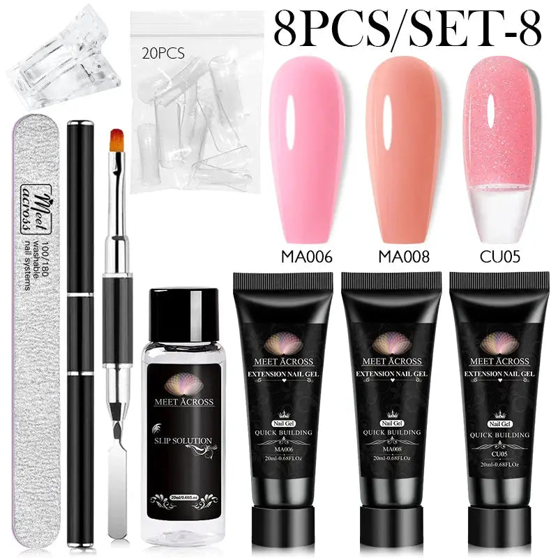 MEET ACROSS 8-piece extension gel nail kit by Simples Market with 3 gels, tips, slip solution, file, brush