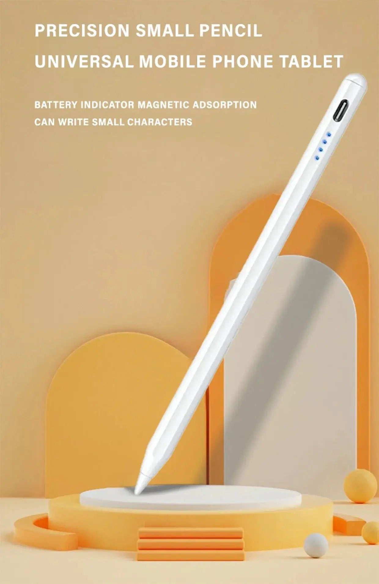 Universal stylus pen, white plastic with blue indicator dots, for Android iOS Windows devices