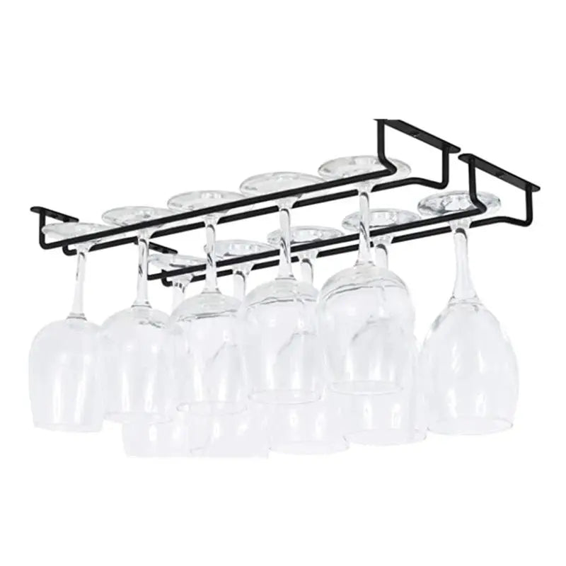 Large stemware wine glass rack under cabinet, black metal, holds hanging glasses.