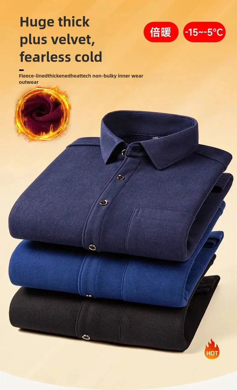 Men's thickened warm fleece long-sleeve shirt, plus sizes 7XL–8XL, three shirts stacked in navy, royal blue, and black.