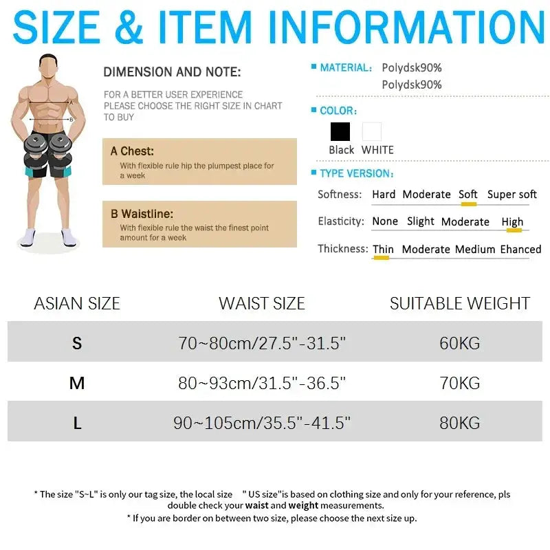 Simples Market men's waist cincher body shaper 1/2 piece in black/white with size chart