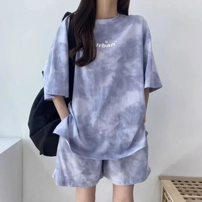 Women Tie Dye T Shirt And Wide Leg Shorts Set Casual With Pockets